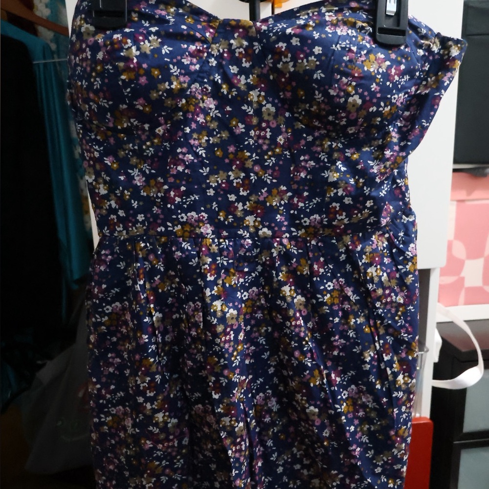 Navy Floral Strapless Dress